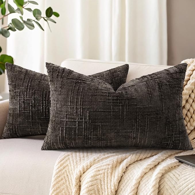 decorUhome Dark Brown Chenille Throw Pillow Covers 12x20 Set of 2 Textured Soft Cozy Slubby Couch Pillow Covers Modern Farmhouse Boho Decorative Pillow Cases for Bed Sofa Living Room