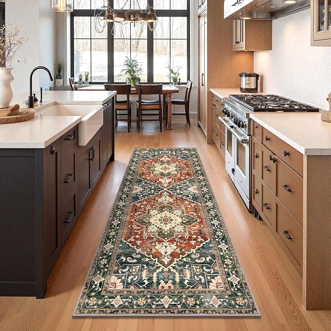 Yamaziot Washable Runner Rug, 3x8 Non-Slip Boho Vintage Hallway Rug with Rubber Backing, Low Pile Faux Wool Distressed Carpet Runner for Bedroom, Kitchen, Laundry, Entrance