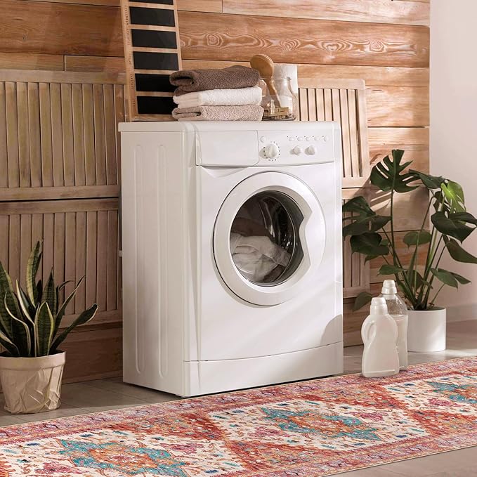 Yamaziot Washable Runner Rug, 2x8 Non-Slip Boho Vintage Hallway Rug Runner with Rubber Backing, Stain Resistant & Low Pile Faux Wool Distressed Carpet Runner for Bedroom, Kitchen, Laundry, Entrance