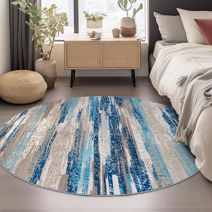 Lansny Modern Abstract Round Rug 6Ft, Blue Round Rug Washable Non-Slip Soft Small Circle Rug, Circular Dining Room Rugs Thin Print Faux Wool Carpet for Bedroom Living Room Office Playroom