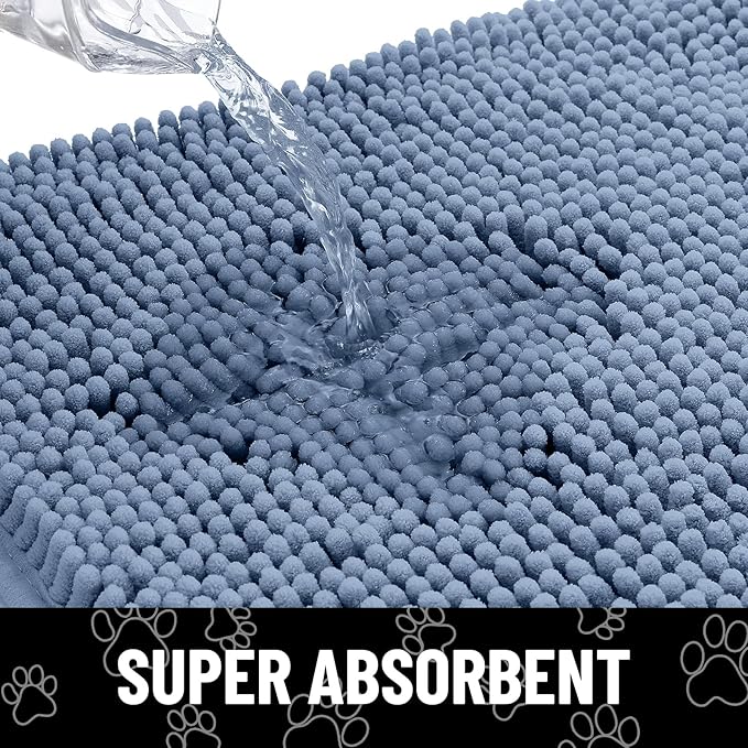 Smiry Dog Door Mat for Muddy Paws, Absorbent Dirt Trapper Non Slip Quick Dry Washable Chenille Mat for Mud Dogs, Entry Rug for Indoor and Outdoor (30x20 Inches, Airy Blue and Black)