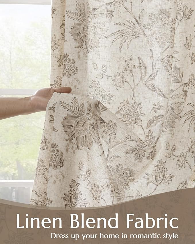 jinchan Lined Linen Floral Curtains for Living Room, 96 Inch Length Printed Flower Farmhouse Patterned French Country Back Tab Taupe Window Drapes Set Privacy Bedroom Curtains, 2 Panels