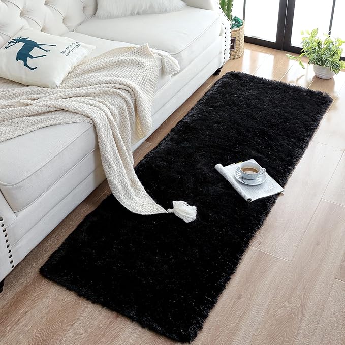 Chicrug Soft Runner Rugs for Bedroom Living Room Plush Fluffy Rug 2x5 Feet, Shag Furry Area Rug Carpet Non Shedding for Nursery Children Kids Girls Room Home Decorative, Black