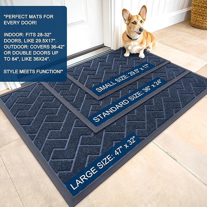 OLANLY Front Door Mat Indoor Outdoor Entrance, Waterproof All-Season, All-Weather Doormat, Sturdy Natural Rubber, Low Profile, Easy Clean Patio Porch Entryway Mat, Herringbone Brick (Blue, 47x32)