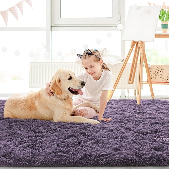 LOCHAS Ultra Soft Indoor Modern Area Rugs Fluffy Living Room Carpets for Children Bedroom Home Decor Nursery Rug 4x5.3 Feet,Grey Purple