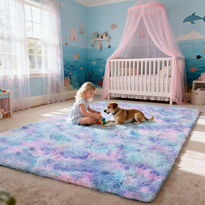 Shag Area Rug for Bedroom 5x8,Fluffy Area Rugs for Living Room,Soft Fuzzy Rug Non-Shedding Indoor Plush Carpet for Kids Bedroom Nursery Dorm Home Decor,Rainbow Purple