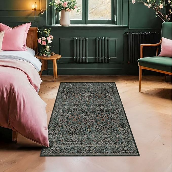 Dark Green 4x6 Washable Area Rug for Living Room Bedroom Large Entryway Kitchen, Ultra Soft Non Slip Stain Resistance, Floral Distressed Aethestic Design