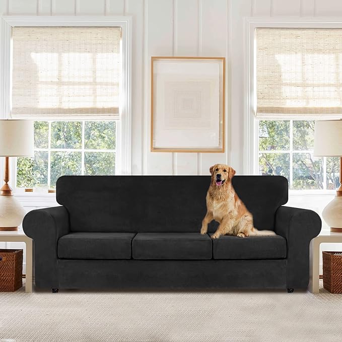 WEERRW 4 Pieces Velvet High Stretch Couch Covers for 3 Cushion Couch Sofa Slipcovers, Washable Furniture Protector with Non Slip Elastic Bottom, Feature Soft and Thick Plush Fabric, Black, Large
