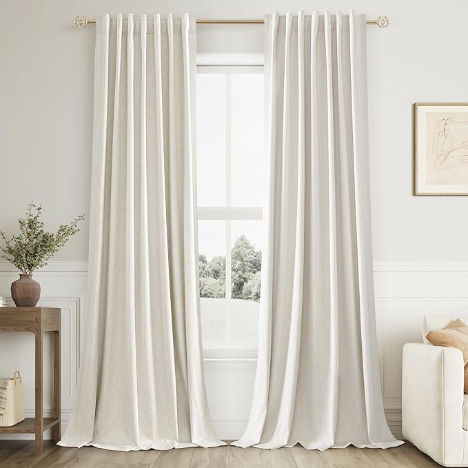 Cream 100% Blackout Linen Curtains 100 Inch Length 2 Panels Set for Living Room Bedroom Back Tab Thermal Insulated Black Out Drapes Room Darkening Farmhouse Style for Bedroom Window Curtains 52x100