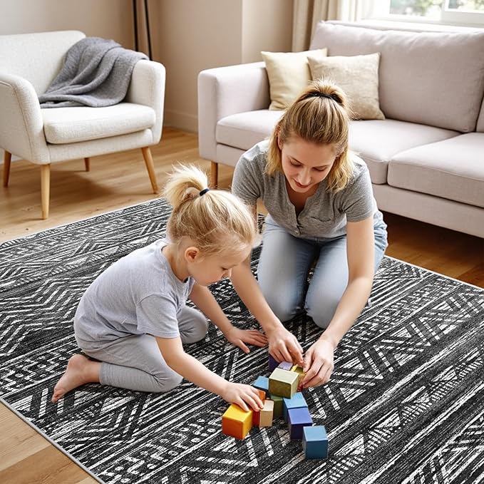 4x5 Washable Entryway Area Rug: Modern Moroccan Runner Rugs Indoor Soft Non Slip Door Mat for Living Room Low Pile Thin Floor Carpet for Kitchen Dining Room Bedroom Home Office Decor(4x5,Black)