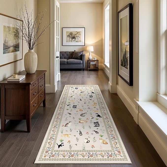 2x6 Washable Kitchen Runner Rug - Soft Low Pile Floral Animal Cat Print Rugs with Non-Slip Backing Waterproof Stain-Resistant Indoor Carpet for Hallway Entryway Bathroom Bedroom (Light Beige)