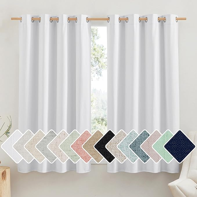 NICETOWN 100% Absolutely Blackout Linen Curtains with Thermal Insulated White Liner, White, 52" W x 63" L, Set of 2, Vintage Linen Textured Privacy Window Treatment Light Blocking for Living Room