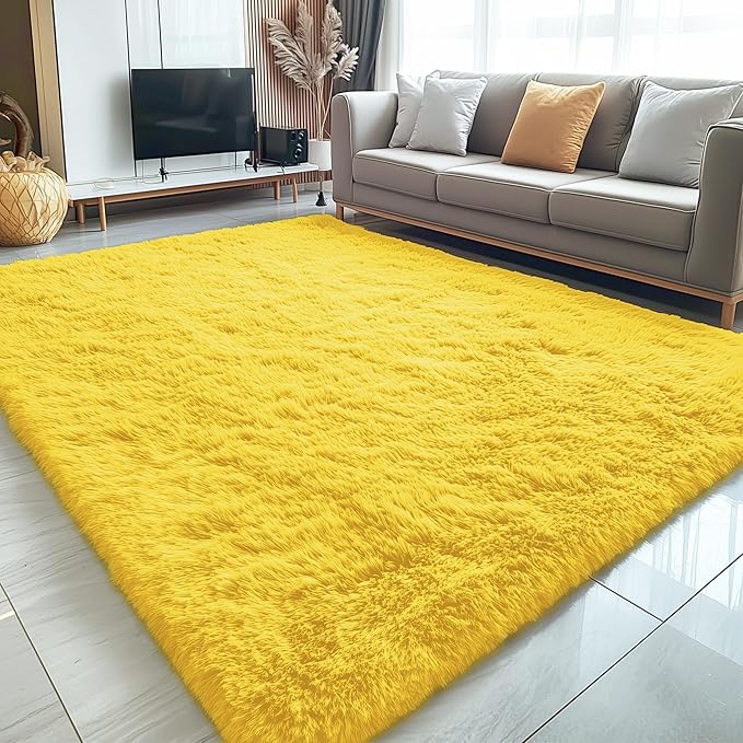 OLANLY 5x7 Machine Washable Large Area Rugs for Living Room, Bedroom, Soft Fluffy Shaggy Bedside Rug, Indoor Floor Carpet for Kids Girls and Boys, Dorms, Nursery, Home Decor Aesthetic, Yellow