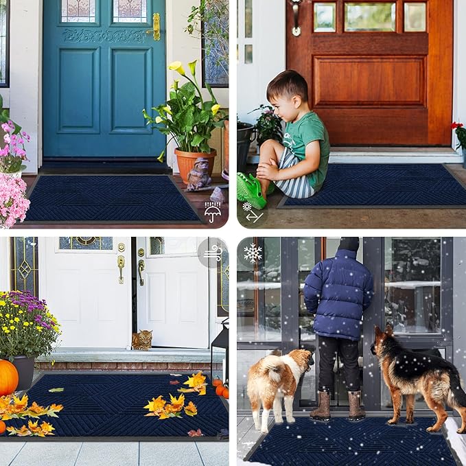 Smiry Front Door Mat Outside Entrance, Heavy Duty Sturdy Natural Rubber Doormat, Trap Dirt and Moisture, Easy Clean Low Profile Mats for Indoor Outdoor Entry, Irregular Triangle (29.5x17, Royal Blue)