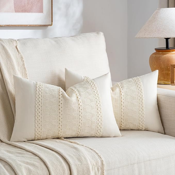 Fancy Homi Set of 1 Boho Cream Lumbar Decorative Throw Pillow Cover 12x20 Inch for Couch Bed Sofa Chair, Modern Organic Farmhouse Home Decor, Soft Cotton Cute Accent Rectangle Cushion Case