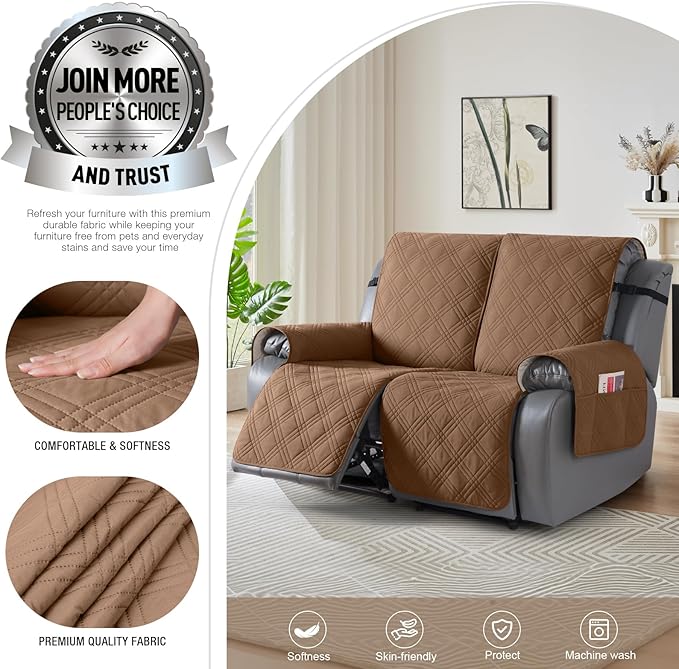 TAOCOCO 100% Waterproof Loveseat Recliner Cover, Non Slip Split Recliner Couch Cover with Elastic Straps, Washable Reclining Sofa Cover Furniture Protector for Kids, Pets(2 Seater, Brown)
