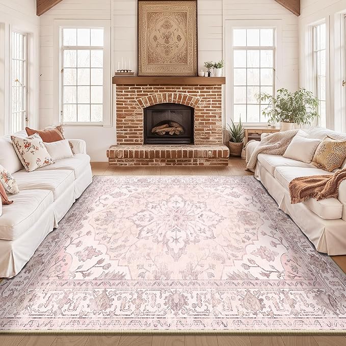 Area Rugs 10'x12' Washable Non-Slip, Floral Vintage Distress Print Pattern Medallion Carpet for Living Room Bedroom Dining Room, Pink Greypink Cute