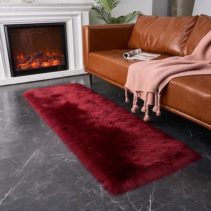 EasyJoy Ultra Soft Fluffy Rugs Faux Fur Rug Chair Cover Seat Pad Fuzzy Area Rug (2x6 ft Rectangle, Burgundy)