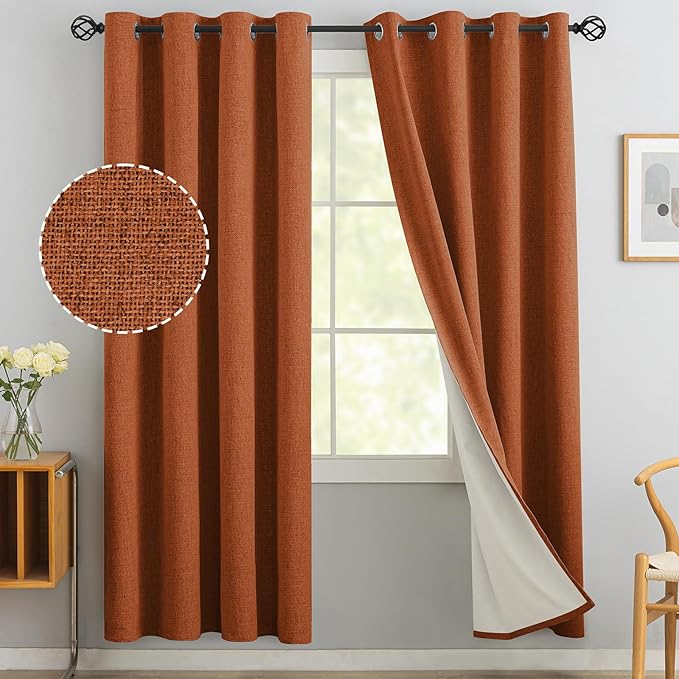 Yakamok Burnt Orange Linen Curtains 100% Blackout 72 Inches Long,Room Darkening Textured Curtains for Living Room Thermal Grommet Bedroom Curtains 2 Panels with White Liner