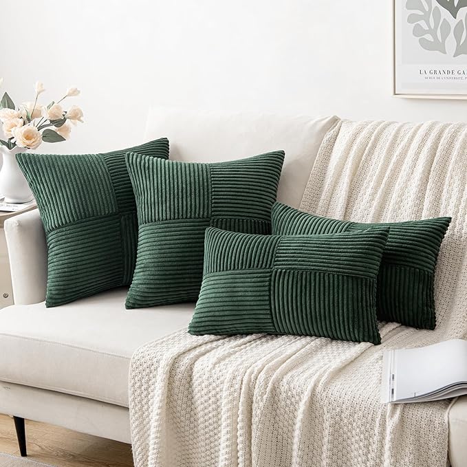 MIULEE Army Green Decorative Lumbar Throw Pillow Covers 12x20 Inch for Couch Bed Sofa Pack of 2 Boho Farmhouse Throw Pillows Soft Cross Corduroy Patchwork Textured Cushion Cases