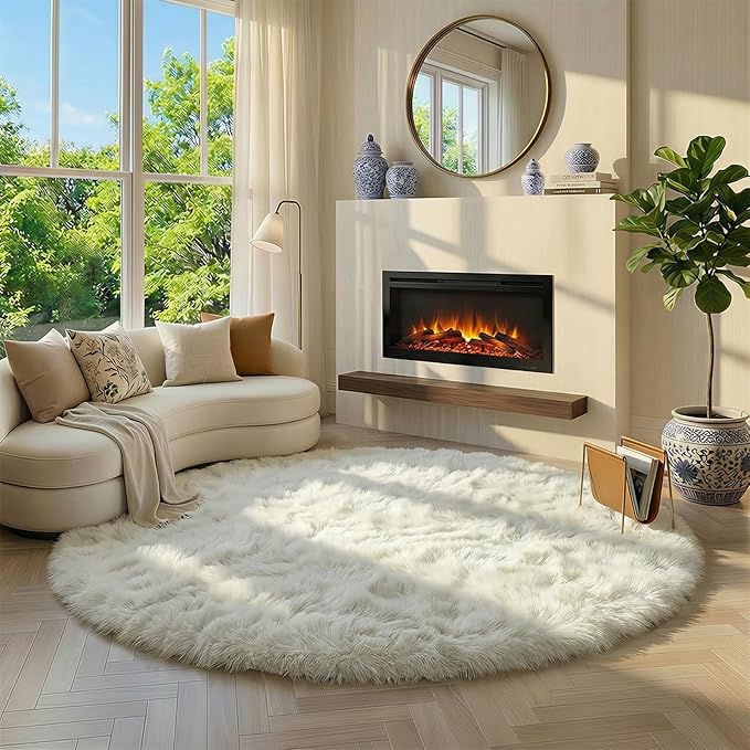 Amdrebio Ivory White Round Rug 4Ft for Kids Bedroom Aesthetic, Fluffy Fuzzy Furry Circle Area Rugs for Living Room Decor, Circular Plush Soft Shaggy Cream Carpet for Baby Nursery Dorm Teen Girls Boys