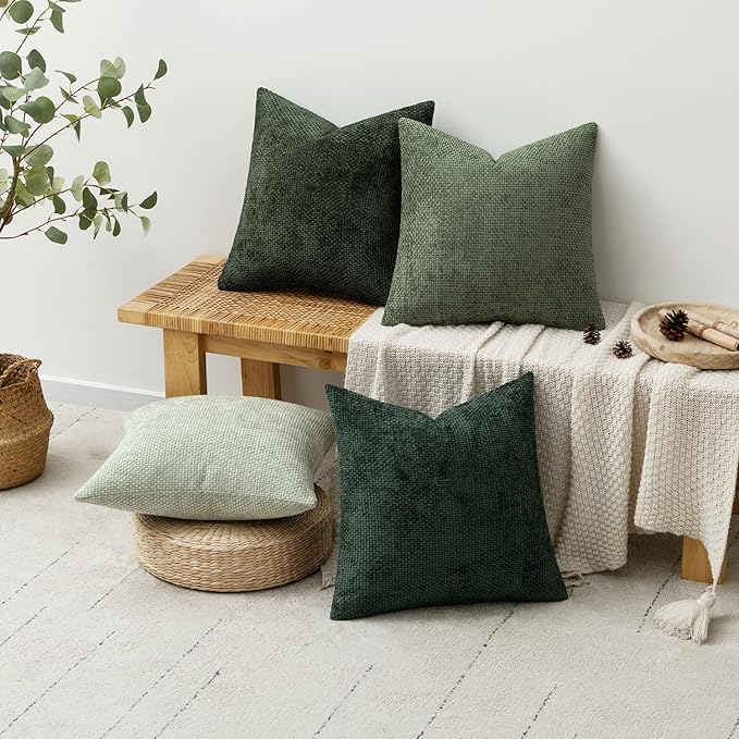 MIULEE Pack of 4 Couch Throw Pillow Covers 18x18 Inch Green Soft Decorative Chenille Pillow Covers Farmhouse Accent Cushion Covers for Boho Spring Home Decor Sofa Bedroom Living Room