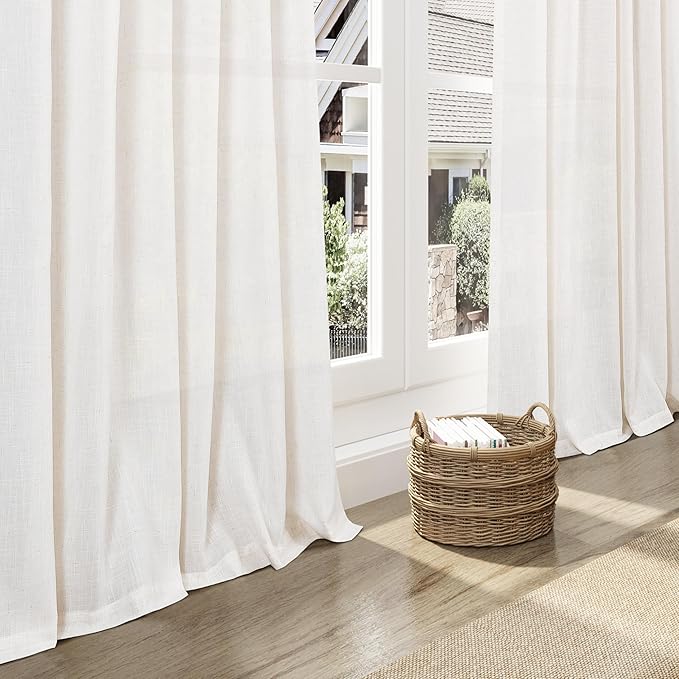 Ivory White Linen Curtains for Living Room 105 Inches Long Light Filtering Semi Sheer Curtain Back Tab Rustic Luxury Neutral Modern Farmhouse Decor Drapes for Bedroom Dinner Room 52x105, 2 Panels