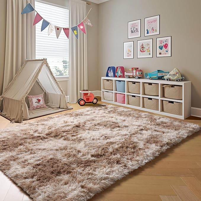 ONASAR Rugs for Living Room Bedroom, Tie-Dyed Beige 5x8 Fluffy Bedside Area Rug, Soft Plush Shaggy Indoor Floor Carpet for Nursery Kids Girls Boys Teen Dorm Home Office Decor Aesthetic