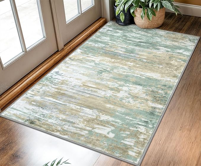 KOZYFLY Modern Abstract 3x5 Area Rug Washable Bedroom Rug Light Green Yellow, Throw Entry Mat Non-Slip Stain Resistant Carpet Dining Room Rug with Soft Low Pile for Living Room Kitchen Bath Office