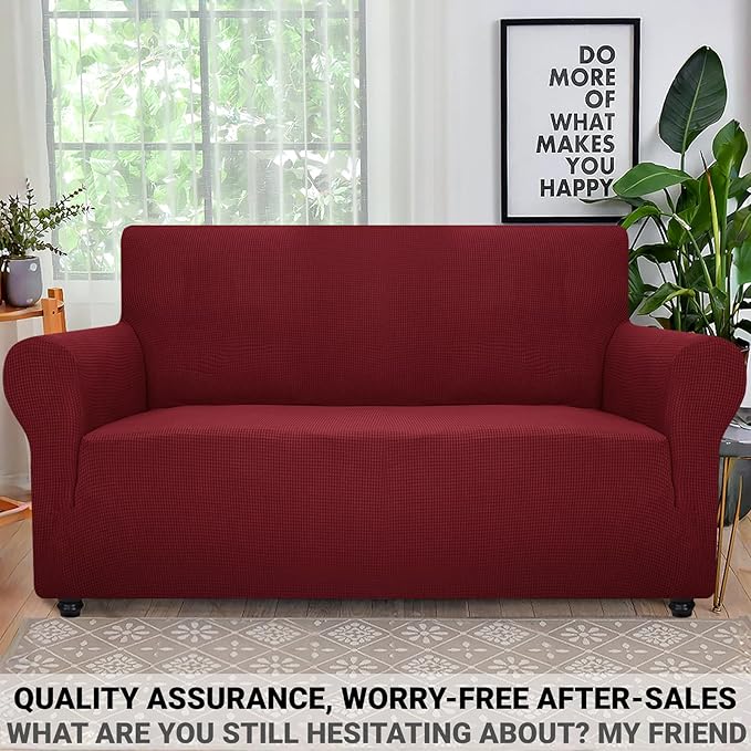 ZNSAYOTX Super Stretch Couch Cover Love Seat Sofa Covers for Living Room Dogs Pet Friendly Furniture Protector Spandex Loveseat Slipcovers with Anti Slip Foam Sticks (Wine Red, Loveseat)