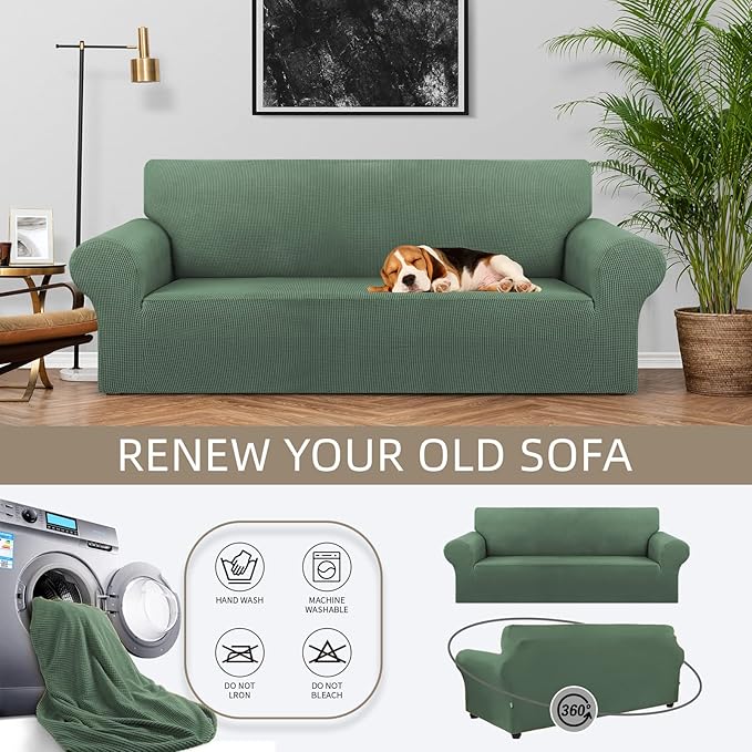 KEKUOU Stretch Sofa Cover Slipcover ，Couch Covers for 3 cushion couch sofa pet friendly (78"-94") Furniture Protector Sofa with Elastic Bottom for Kids,Dog, Jacquard Small Checked(Large,Greyish Green)