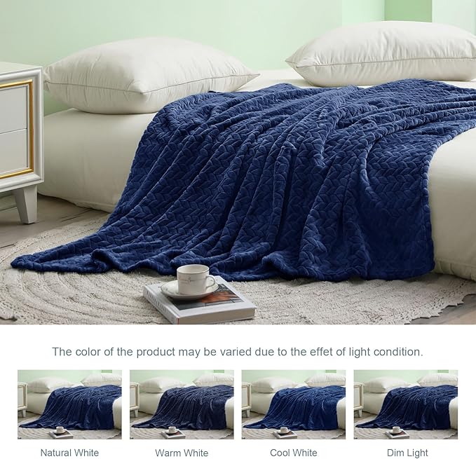 Exclusivo Mezcla Fleece Throw Blanket for Couch and Bed, 50x70 Inches Soft Cozy Jacquard Flannel Blankets, Lightweight Fuzzy Plush Warm Throws for Women, Navy Blue