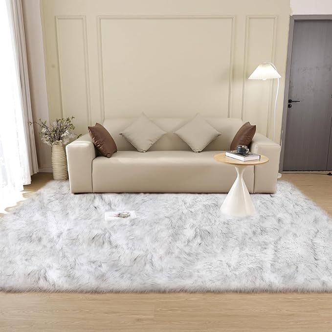 ORINOVA White and Grey Rug 8x10 Area Rugs for Living Room Machine Washable Shag Faux Sheepskin Furry Fur Rug Large Nursery Rectangle