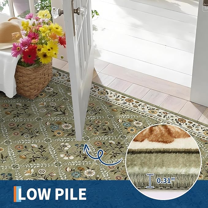 GarveeHome Living Room Rug 5x7 Rug Machine Washable Stain Resistant Area Rug Non Slip Floral Vintage Low Pile Rugs for Living Room, Bedroom, Farmhouse, Dining Room, Kids PlayroomGreen