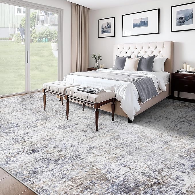 XLUEZ 10x14 Area Rugs for Living Room, Washable Modern Abstract Large Area Rug Neutral Soft Non Slip Kids Rug Stain Resistant Indoor Carpet for Bedroom Dining Room Playroom Office(Bluegrey, 10'x14')