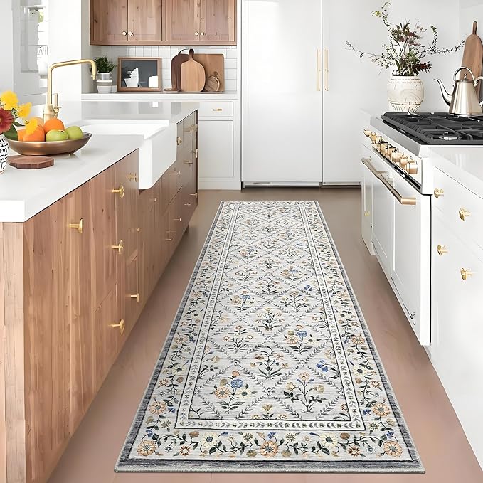 Washable Kitchen Rugs Non Slip 2x6 Hallway Runner Rug Stain Resistant Low Pile Floral Floor Rug with Rubber Backing Non Shedding Runners for Indoor Entryway Bedside Bedroom Farmhouse RV Grey Beige