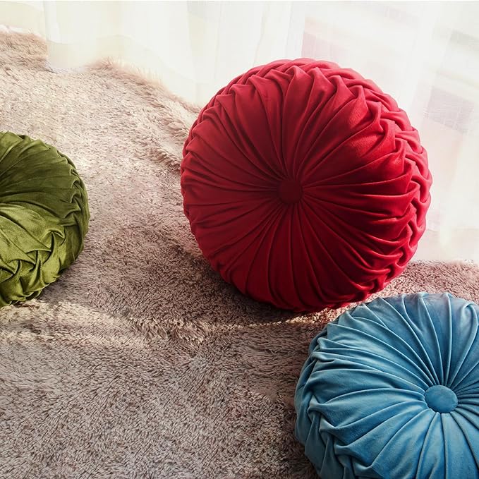HIG Set of 2 Red Ruched Velvet Round Throw Pillows – 14.5’’ Decorative Pillows with Soft Polyester Filling for Couch, Bed, Living Room, Bedroom, or Dorm – Handmade, Stress Relieving, All-Season