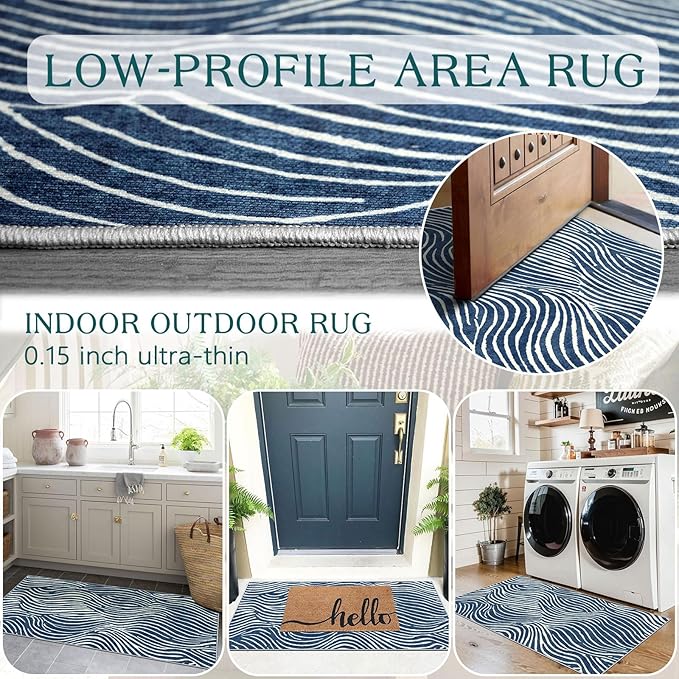 Front Door Mat Indoor Entrance - 2x4.3 Ft Modern Washable Layered Doormat Outdoor Entrance Porch Rug Non-Slip Abstract Blue White Waves Runner Rug for Kitchen Bedroom Laundry Room Porch Decor