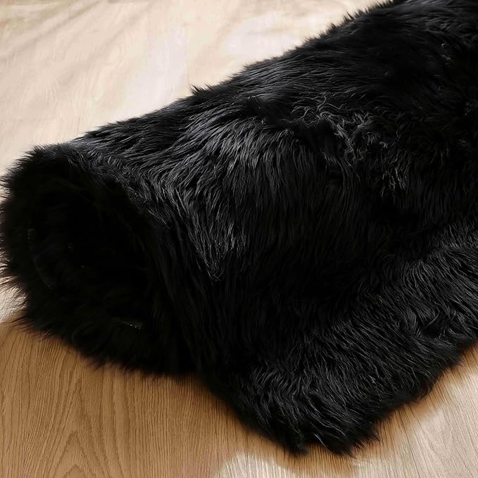 Goolela Black Area Rug 9x12 Fluffy Fuzzy Furry Rug for Living Room Bedroom Faux Sheepskin Fur Shaggy Soft Rectangle