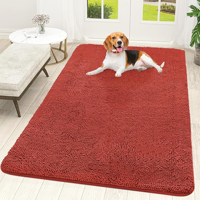 OLANLY Dog Door Mat for Muddy Paws 59x35, Absorbs Moisture and Dirt, Absorbent Non-Slip Washable Doormat, Quick Dry Chenille Mud Mat for Dogs, Entry Indoor Entryway Carpet for Inside Floor, Maple Red