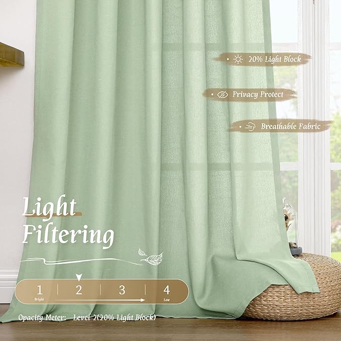 LAMIT 48 Inch Length Linen Curtains 2 Panels, Light Green Soft Faux Linen Light Filtering Panels Rod Pocket Boho Neutral Drapes for Short Windows/Cafe, 42 x 48 Inch