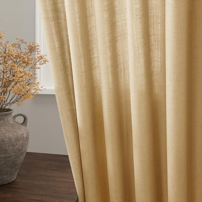 Nanspring Gold Yellow Linen Curtains 96 Inches Long 2 Panels Set for Living Room Rod Pocket Back Tab Semi Sheer Light Filtering Protect Privacy Gold Yellow Curtain for Bedroom Floor Length 52x96