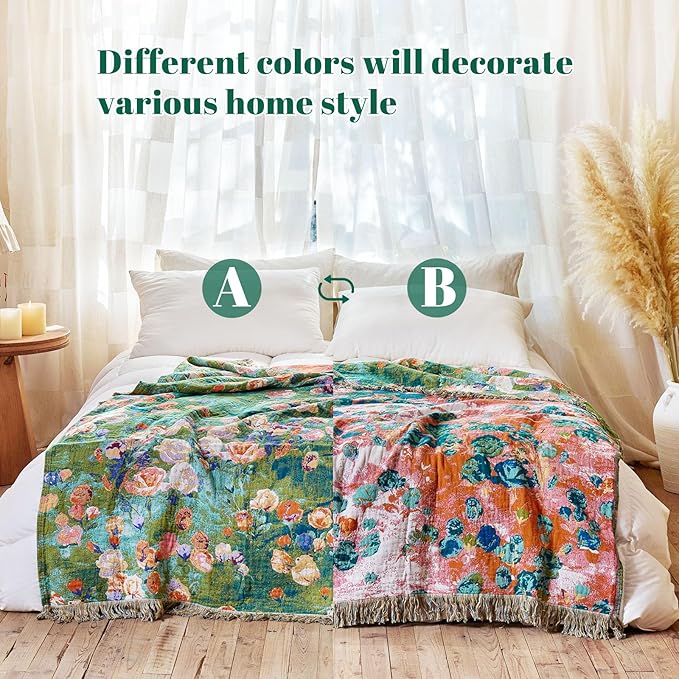 MSGKV Boho Throw Blanket for Couch Cotton Floral Blanket 50"x60" for Sofa Chair Throws Muslin Spring Breathable Lightweight Farmhouse Blankets Home Decor All Seasons