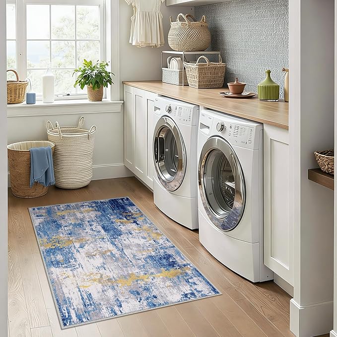 Washable Area Rugs 3x4 Non-Slip Modern Abstract Soft for Living Room Entryway Bedroom Nursery, Print Pattern, Grey Blue Gold/Golden