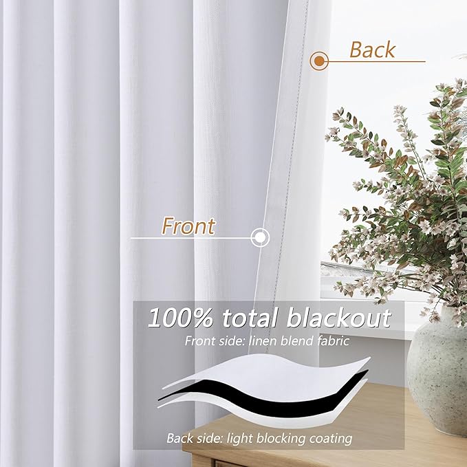 Guken White 100% Blackout Linen Curtains 144 Inch Length 2 Panels Set for Living Room Bedroom Back Tab Thermal Insulated Black Out Drapes Room Darkening Window Curtains