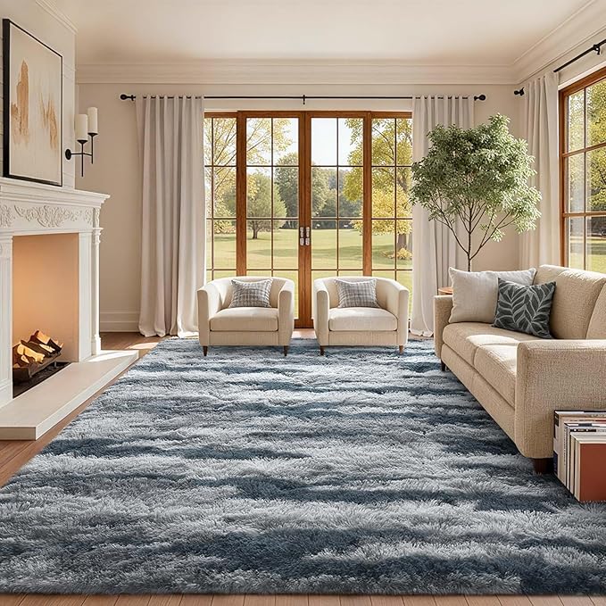 8x10 Ft Extra Large Shag Rugs for Living Room, Tie Dyed Ultra Soft Fluffy Furry Area Rugs for Bedroom Indoor Floor, Aesthetic Carpet for Kids Home Decor (Blue)