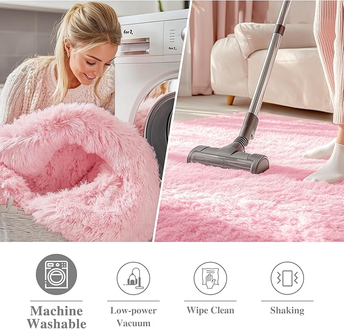 OLANLY Pink Round Rugs for Bedroom - Machine Washable, 5 ft Circle Area Rugs for Living Room, Soft and Fluffy Shaggy Carpet for Teen Girls and Boys, Nursery Rooms, Dorms, Home Decor Aesthetic