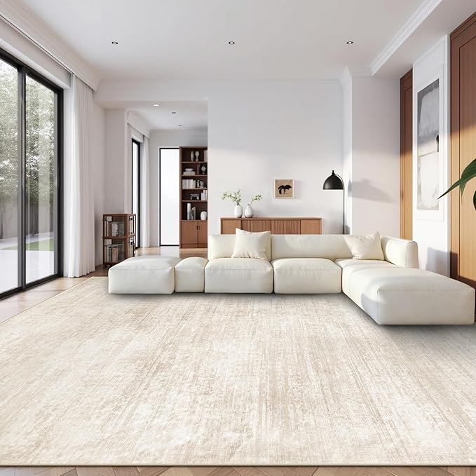Area Rugs 10x14 Living Room: Washable Rug Modern Abstract Neutral Soft Non-Slip Low-Pile Indoor Large Carpet for Bedroom Dining Room Playroom Home Office (Beige, 10'x14')