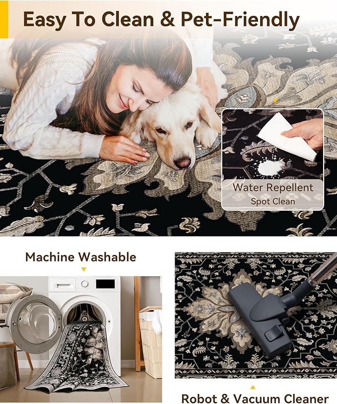 RELEANY Area Rugs 2'x7' Runner Rug Non Slip Washable for Kitchen Hallway Bedroom Beside Laundry Room Bathroom Rug, Floor Carpet, Black Brown Neutral Dark Tan