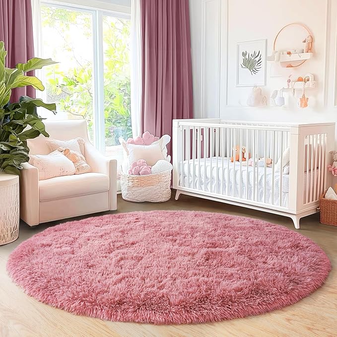 5'x5' Blush Round Rugs for Girls Bedroom, Ultra Soft Fluffy Circle Rug for Kids Room, Cute Shag Rugs for Living Room Playroom Tent Castle Home Decor Rug